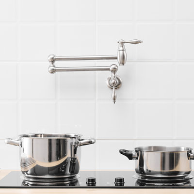 Wall Mount Pot Filler, Commercial Kitchen Faucet In Brushed Nickel, Brass Double Jointed Swing Spout, Style A, And User - , Smooth Action, 360 Spout Turn Material, Stretchable Joint Arms, Classic