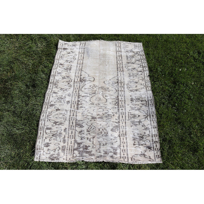 Tapis turc vintage en laine avec motif patchwork beige Anatolian