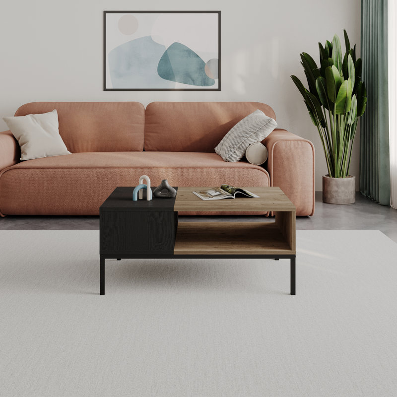 15 - Piece Living Room Table Set, Natural Oak/Black Wood