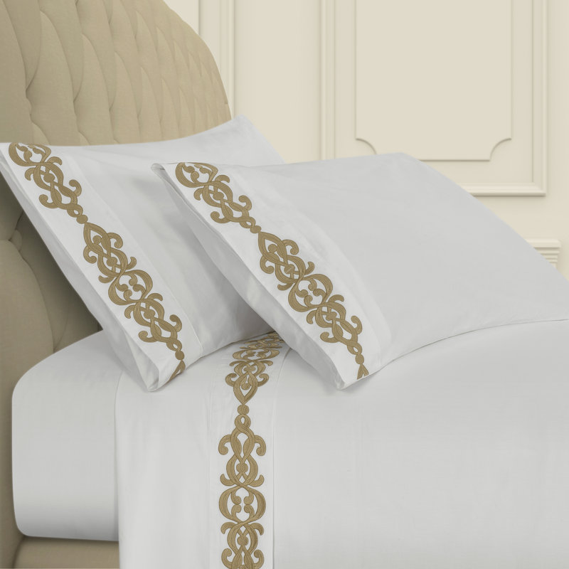 King Gold Cotton Embroidered Floral Pillow Cover Set