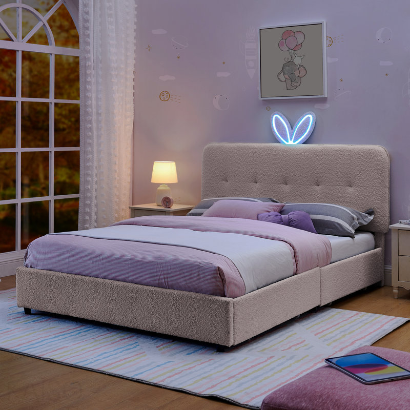 Full Size Kids Upholstered Bed With Oversized Rabbit Ear Headboard, Led Light & 4 Storage Drawers, Boucle Fabric (79.5''X55.75''X41'')