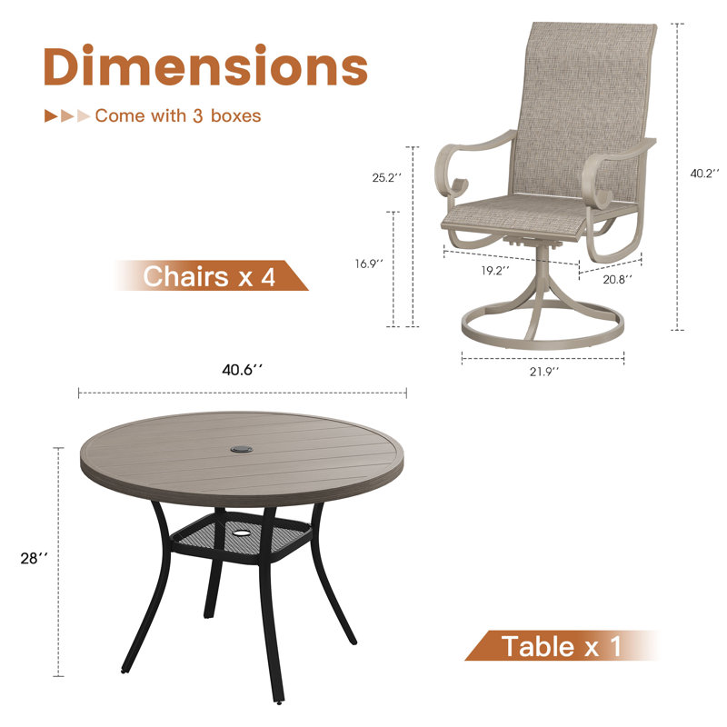 Outdoor Patio Dining Set - 41.7” Round Table with Umbrella Hole & Storage Shelf + 4 Swivel Chairs, Brush Wood Gray/Sandshell