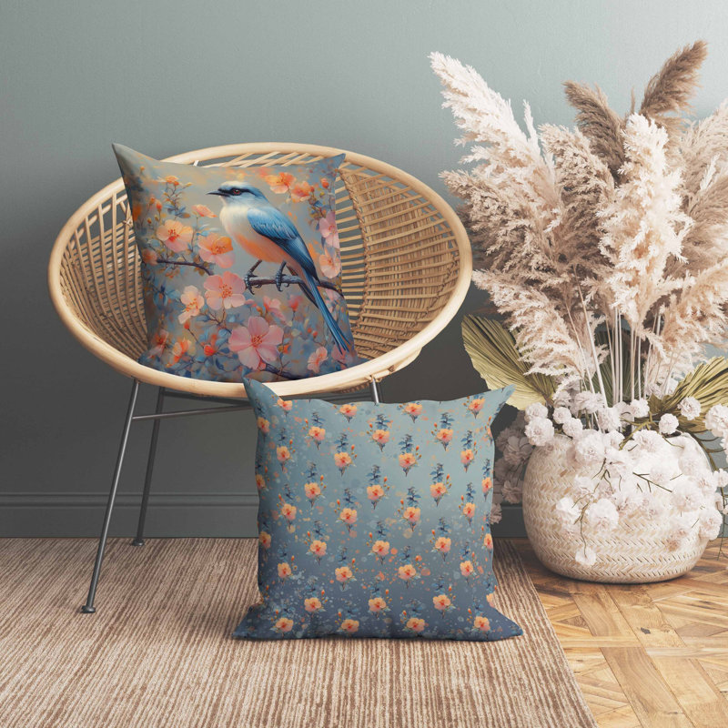 Oreiller floral en faux suède, Bleu / Orange, Carré 16 po