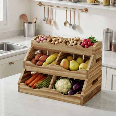 Wooden Potato Onion Storage Bins, Stackable Pantry Organizers Baskets with Handles, 3 Tier Ventilated Kitchen Countertop Containers for Garlic, Lemon, Fruit, Vegetable