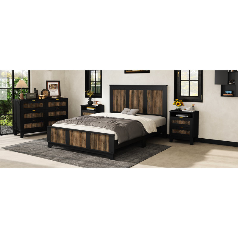Style grand lit avec lattes en contreplaqué et cadre noir plateforme moderne, Queen, Black