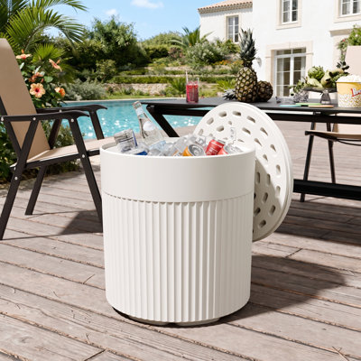 16.6'' H Resin 8-Gallon Outdoor Cooler Side Table, Weather-Resistant Patio Beverage Ice Bucket w/ Lid & Drain Plug, White