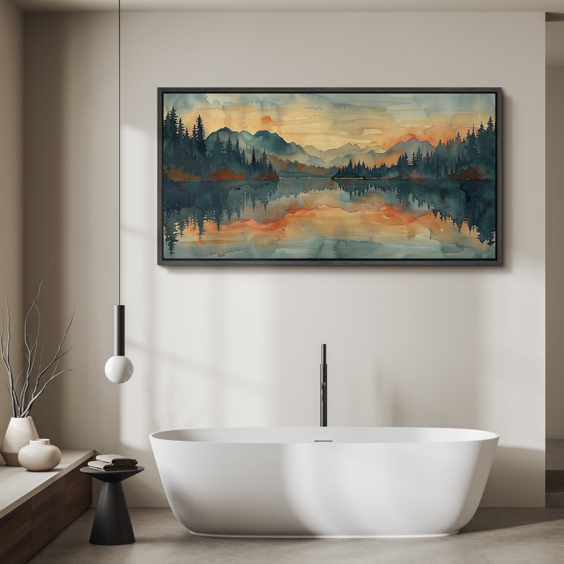 Abstract Landscape "Orange Green Peaceful Lake Forest Nature Extra Large Artwork Framed Wall Picture, 30" H x 60" W, Black