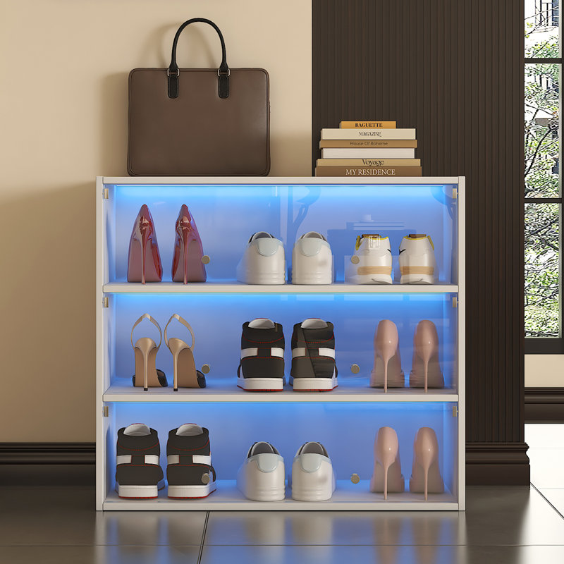 Shoe Storage Box, Wooden Stackable Shoe Box With Glass Door, Shoe Organizer Storage Box With RGB Led Light, Shoe Storage Bin For Display Sneakers