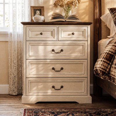 Auserine Elegant Bedside Cabinet With 5 Drawers & Woodgrain Finish