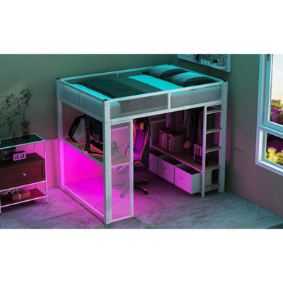 Lit en métal avec DEL, bureau, garde-robe et 3 tiroirs de rangement, format double, blanc - loft à DEL Life Life, garde-robe à tiroirs ouverts, solution d'économie d'espace