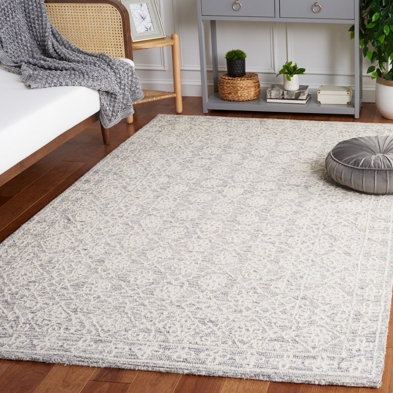 Tapis floral gris / ivoire en laine touffeté à la main Orlandis, Rectangle 4 pi x 6 pi