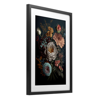 Realistic Colorful Floral on Black Framed Print Under Glass, design by Creative Studio