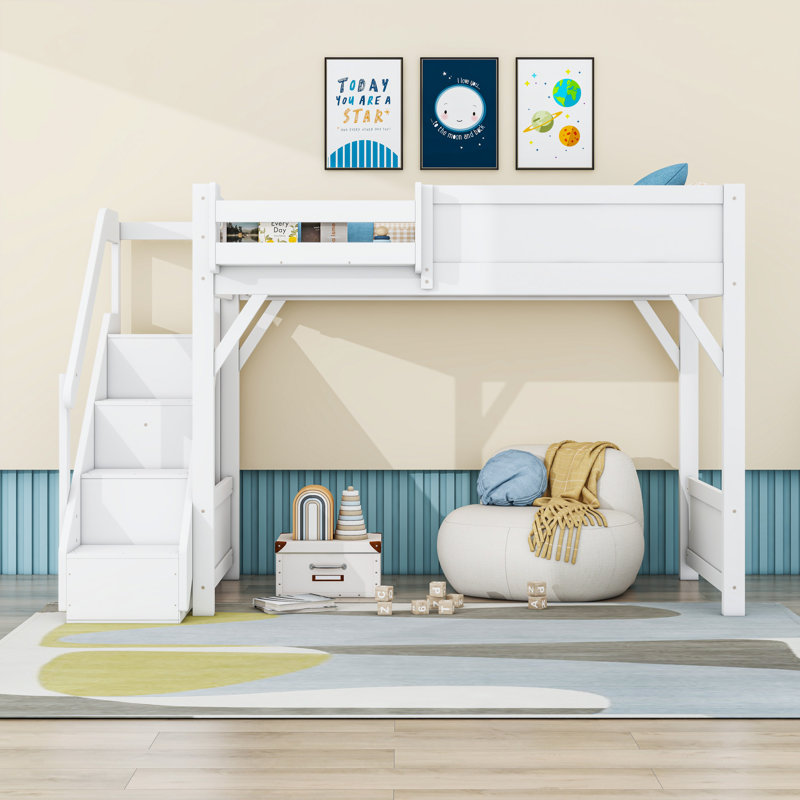 Wooden Space-Saving Loft Bed with Stairs, Twin, White