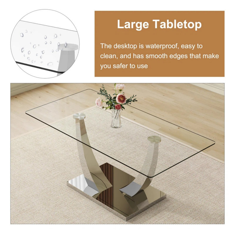9-Piece Modern Rectangular Tempered Glass Dining Set, 9 Pieces: Table, 8 Chairs, White, 30" H x 71" W x 35" D