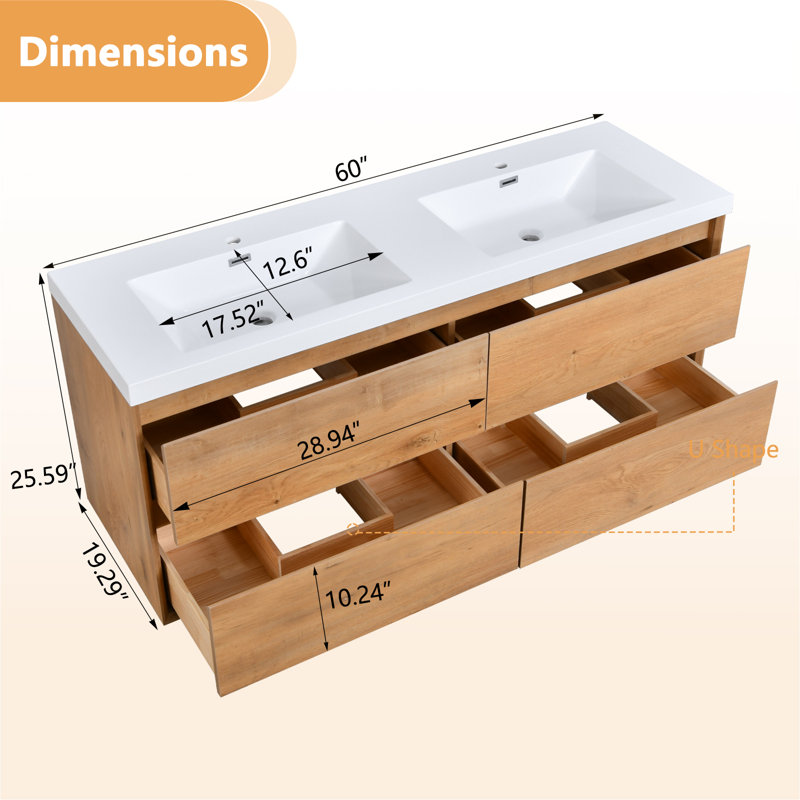 Solenne Wall Mounted Double Bathroom Vanity With Resin Top, 60"