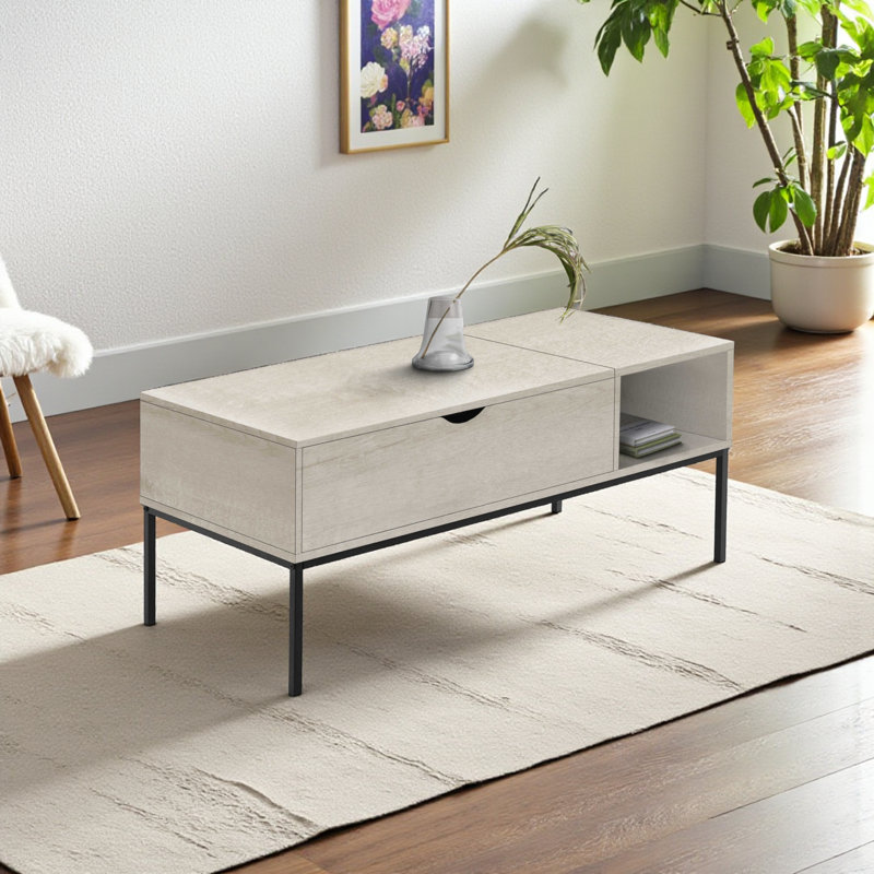 Table basse rectangulaire à 1 plateau relevable et à 1 tablette Diata, H 17,71 po x l 41,72 po x P 19,79 po, Crème, crème