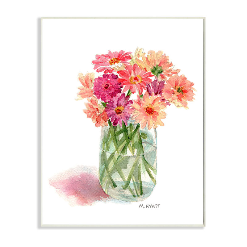 Bouquet d'aquarelles roses en pot en conserve, H 15 po x l 10 po, Plaque murale