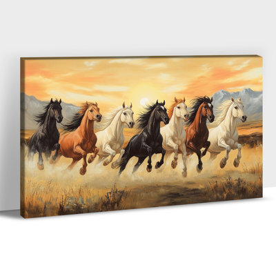 Horse Wall Art, 7 Horses Running Painting Vastu With Frame, Horse Pictures Wall Decor for Living Room, 7 Running Horses Painting Large Horse Poster Art Framed for Bedroom or Office, Vintage Horse Prints Wall Decor 36" × 48"