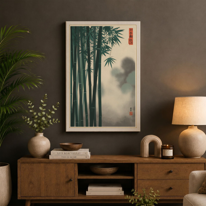 Bamboo in Mist Japandi - Wrapped Canvas, 30x20 - 76.2 x 50.8 cm, Taupe Border