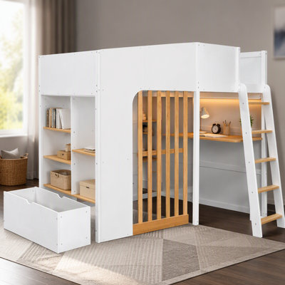 Lit mezzanine simple avec tablettes, lit mezzanine en bois avec échelle et tablettes de rangement, blanc et chêne naturel
