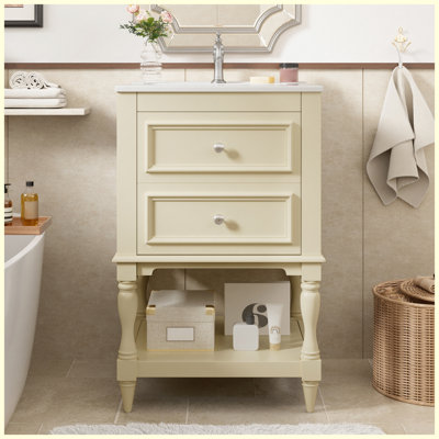 20" Retro Bathroom Vanity with Ceramic Sink, Storage Cabinet with Open Shelf & 2 Drawers