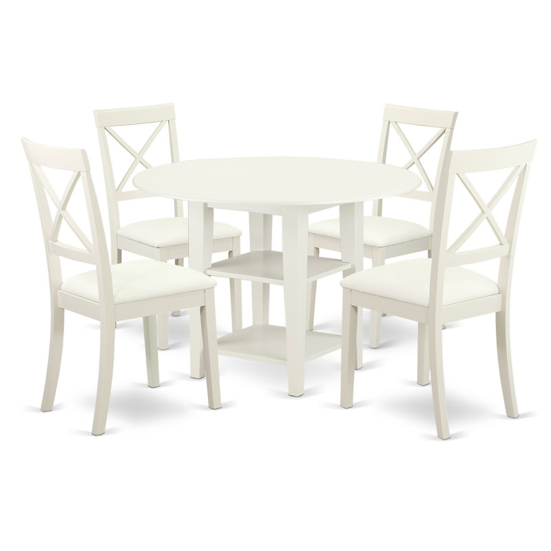 L'ensemble de salle à manger 5 pièces comprend une table de salle à manger ronde avec Dropleaf et des tablettes et 4 chaises de cuisine en similicuir, blanc lin