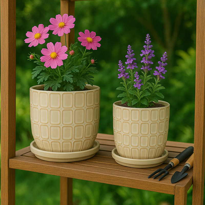 Plateau décoratif décoratif en céramique avec motif - Pots de fleurs d'intérieur élégants avec soucoupe pour patio, salon ou décoration intérieure - ensemble de 2, 8 po, 6 po, ivoire