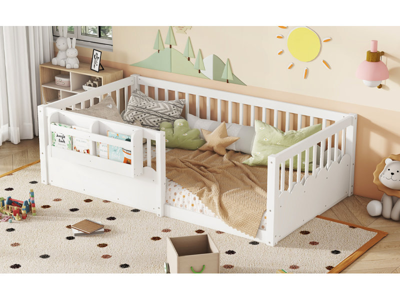 Lit simple avec clôture surélevée et bibliothèque, lit en bois pour enfants, blanc.