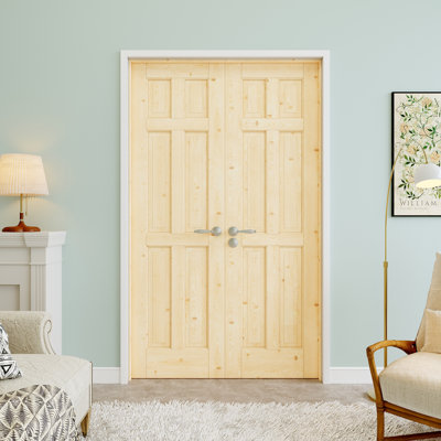 Portes doubles en bois de pin à 6 panneaux 48 po x 80 po, remplacement de dalle de porte française, bois de pin naturel, peinturable et imperméable, porte de garde-manger, porte de buanderie, porte de placard, porte de pièce, porte de bureau à domicile