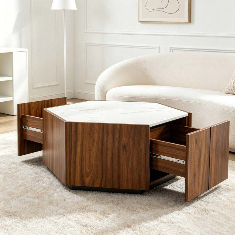 Table basse Retro, Blanc + noyer