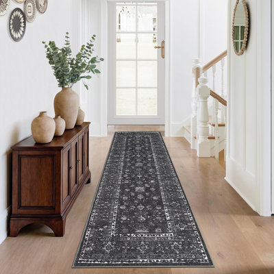 Tapis de couloir patiné 2 x 6 tapis de cuisine rétro à motif floral antidérapant Tapis antidérapant pliable pour tapis de chambre à coucher noir