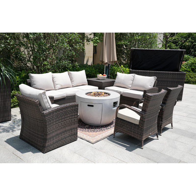 - Person Patio Conversation Set with Cushions, White, Brown