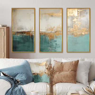 Minimalism Gold And Teal Horizon - Abstract Wall Decor Set