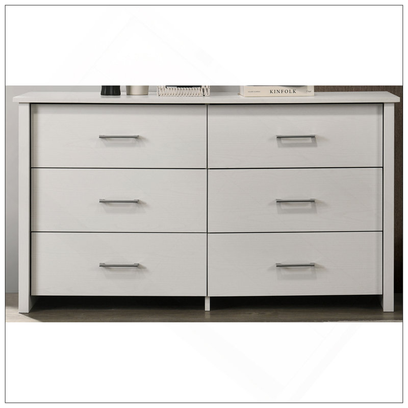 Commode 6 tiroirs au fini chêne clair, Blanc