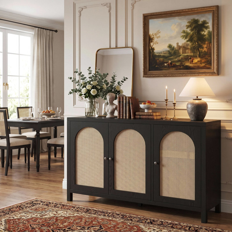 50" L Boho Natural Rattan Sideboard Buffet Cabinet With Large Storage, Home Kitchen Oak Wood Veneer 3-Door Credenza Coffee Bar Cabinets With Adjustable Shelves