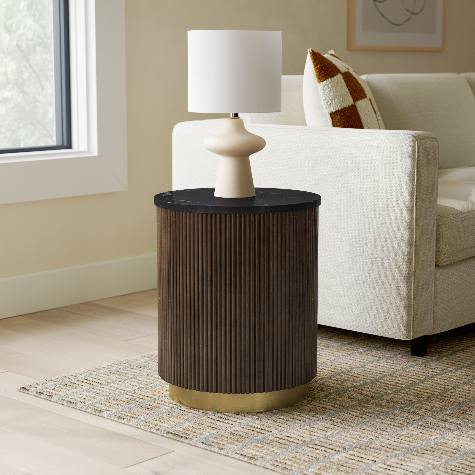 Rylee 18" Genuine Marble End Table, Black Top / Dark Brown/Gold Base