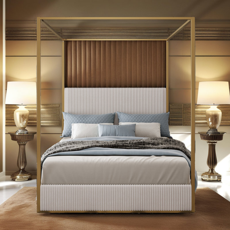 Corduroy Upholstered Canopy Bed With Tall Headboard, Beige/Gold, King