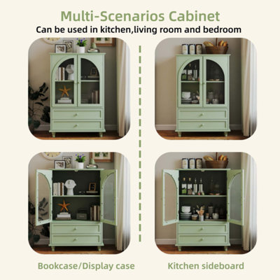 Buffet Farmhouse, buffet à porte arquée en verre trempé avec plateau à niveaux, garde-manger à 2 tiroirs pour la cuisine, la salle à manger, le salon, le vestibule et le bar