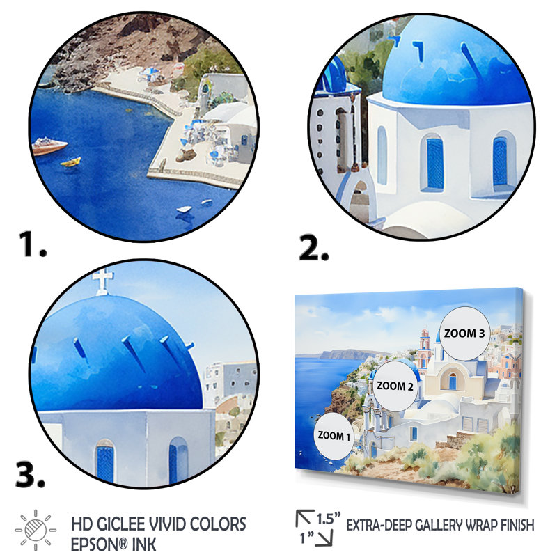 «Blue and White Greek Isles Village III - Grèce», art mural, Cadre flottant noir, H 16 po x l 32 po x P 1 po
