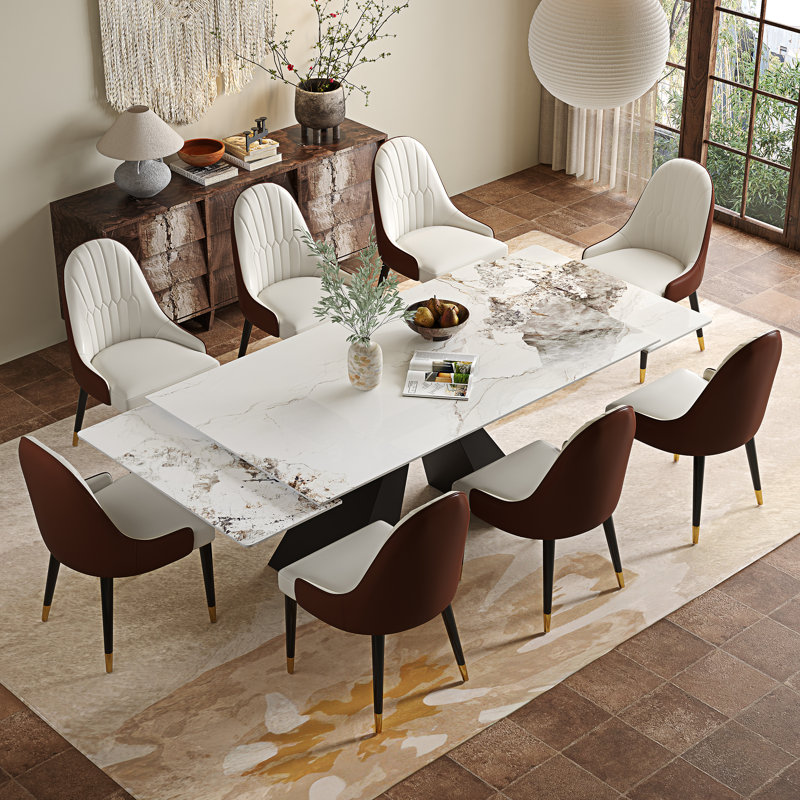 Ensemble de table de salle à manger avec table extensible en fritté de 94,5 po et 8 chaises en similicuir, White/Brown
