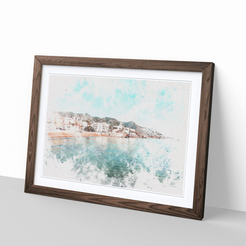 Shoreline of Sitges in Spain - Picture Frame Painting Print, 45cm H x 63cm W x 2cm D, Walnut Framed