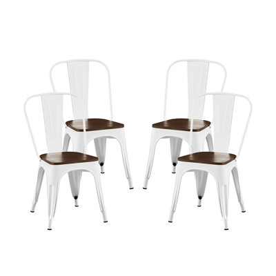 Lot de 4 chaises de salle à manger industrielles en métal et bois de noyer blanc brillant, empilables, d'une hauteur de 45 cm (18 pouces), confortables et modernes, pour une utilisation intérieure et extérieure.