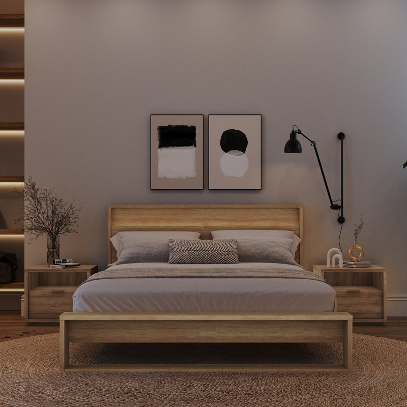Deangelis Queen Size 4 Piece Bedroom Set with Headboard with Integrated Lighting, Brown