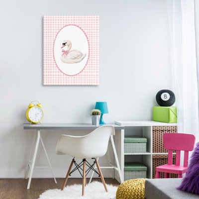 Gentle Swan on Pink Checkered Canvas, design by Christine Simpson Art