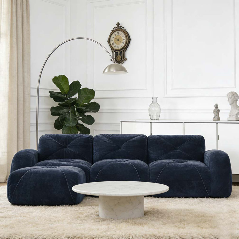 L-shaped Soft Velvet Fabric,Movable Ottoman, Blue, 29.9" H x 110.6" W x 37.4" D