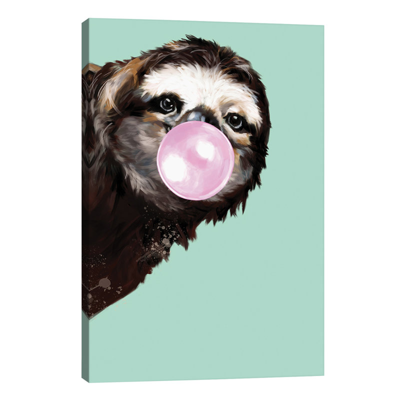 Sneaky Sloth Blowing Bubble Gum In Green by Big Nose Work - Print on Canvas, 66.04 cm H x 45.72 cm W x 1.91 cm D, No Frame