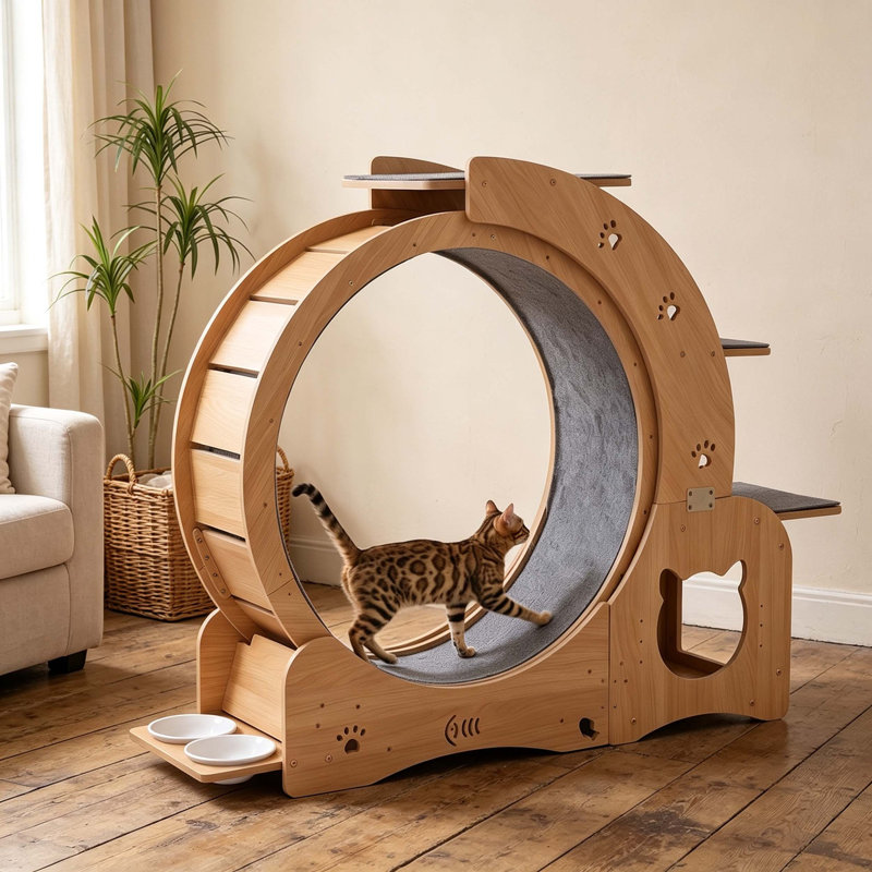 Roue d'exercice pour chat de 70 cm (27,5 pouces) pour chats d'intérieur, tapis roulant silencieux avec gamelles, perchoirs à plusieurs niveaux et grotte pour chat, idéal pour la perte de poids et l'activité quotidienne.