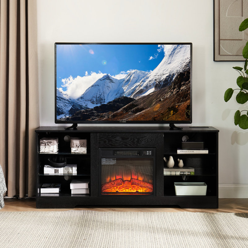 Tv Stand With Electric Fireplace And Non-slip Base, 58''w, Black Built-in Fireplace, 32 - 62" Fit, Black, 58''w*15.5''d*24.4''h