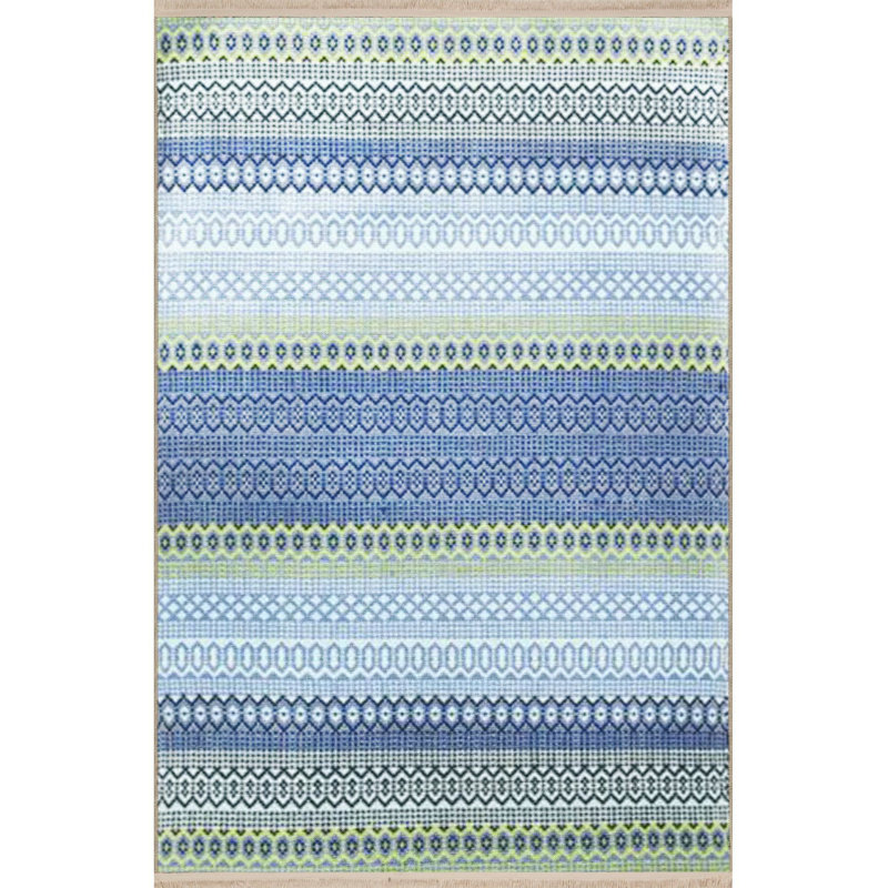 Tapis bleu délavé à motif géométrique à rayures, Sous-tapis rectangulaire de 3 pi 3 po x 4 pi 11 po