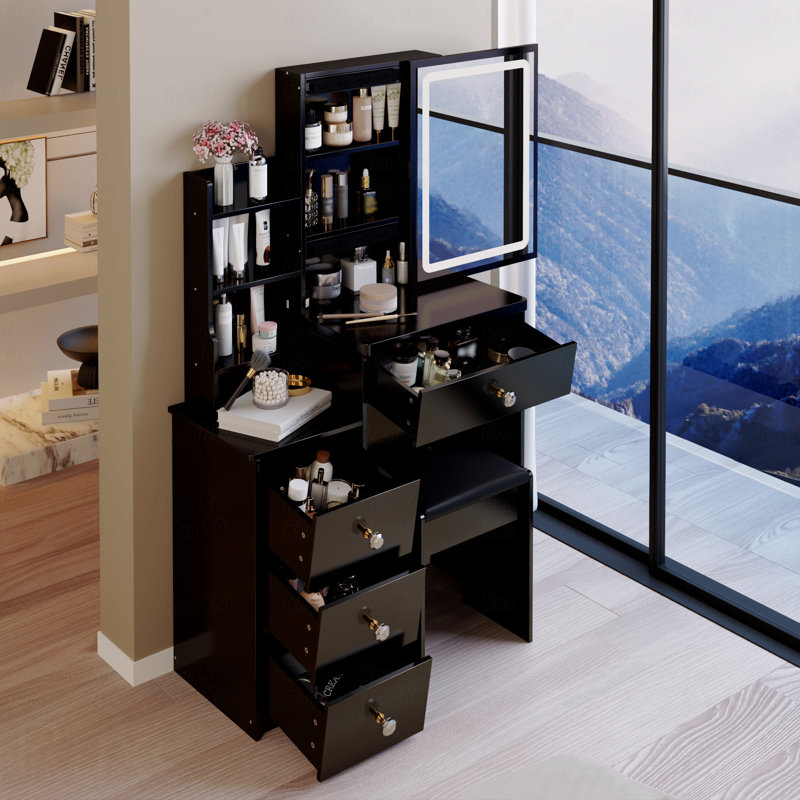 Petite coiffeuse de 29,2 po avec tabouret de chevet gauche + grand tabouret rembourré, commande tactile, interrupteur tricolore, miroir à luminosité réglable, rangement grande capacité, convient aux petits espaces